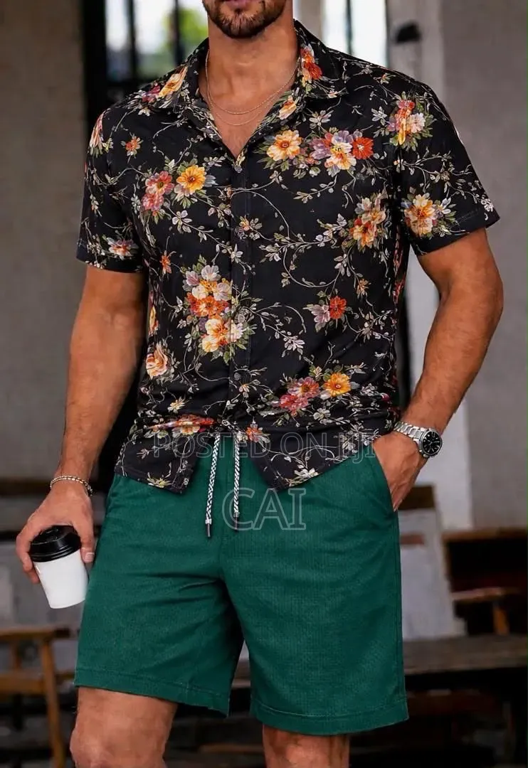 Men's Patterned Button-down Shirts Paired With Shorts.