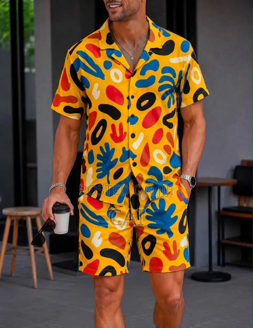 Men's Patterned Button-down Shirts Paired With Shorts.