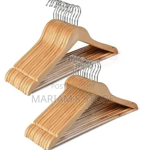 12pcs Wooden Hanger a Natural Finish and Rotating Chrome Hook.