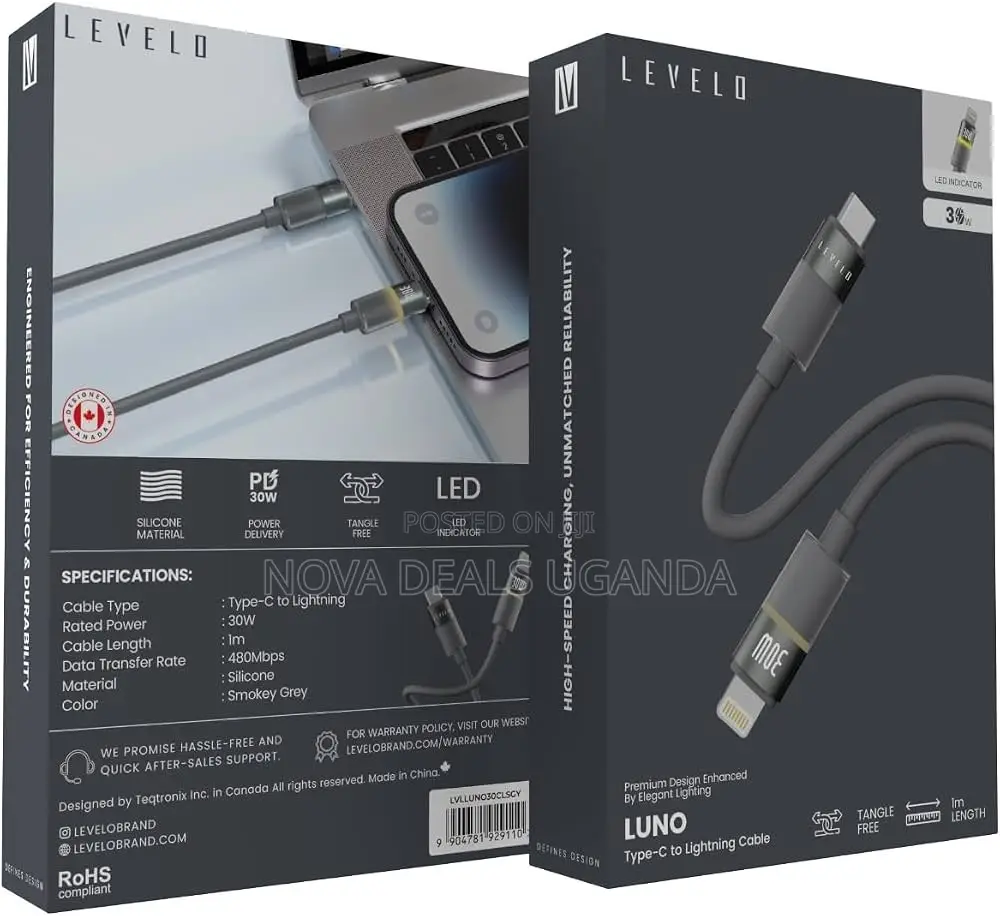 Levelo Luno Type-C to Lightning Cable, 30w, Data Transfer, Silicone