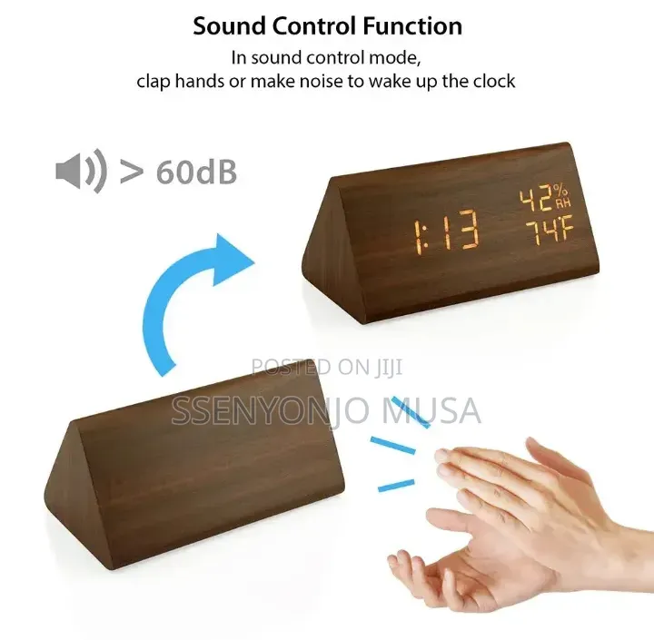 Wooden Digital Alarm Clock With Led Display, Temperature, Humidity