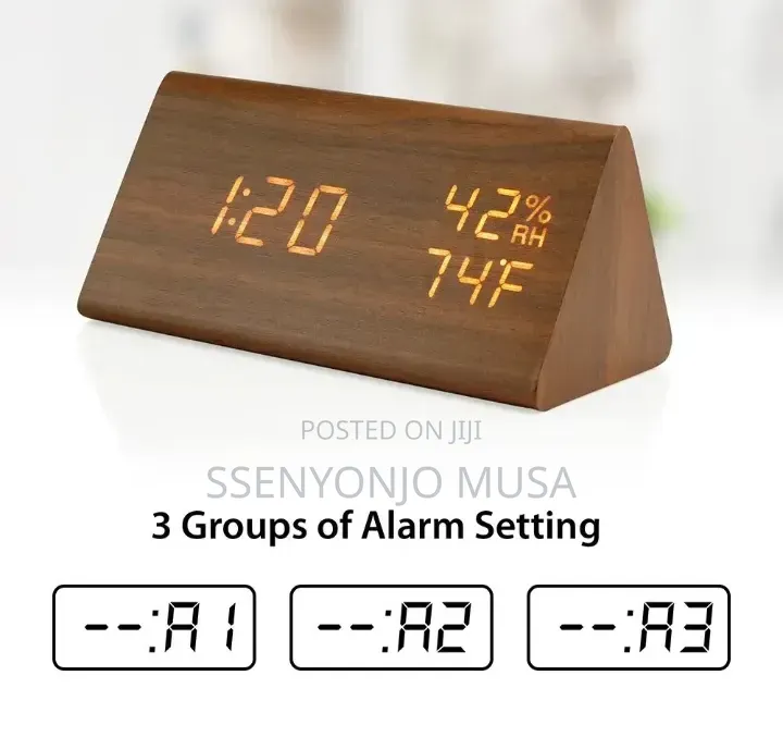 Wooden Digital Alarm Clock With Led Display, Temperature, Humidity