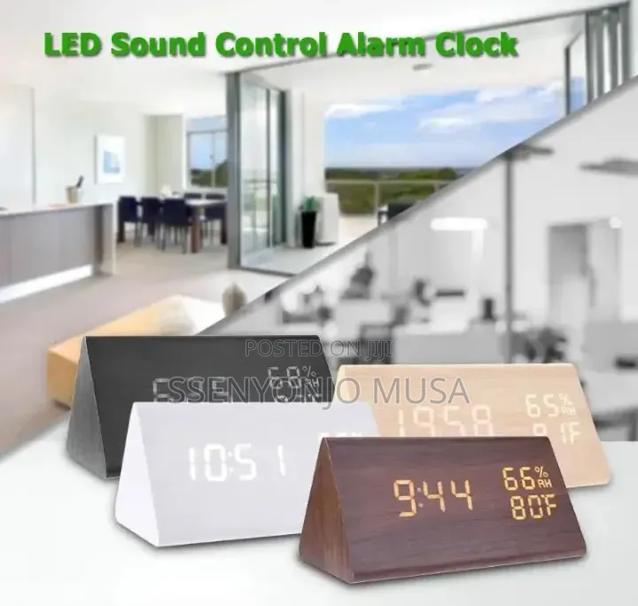 Wooden Digital Alarm Clock With Led Display, Temperature, Humidity