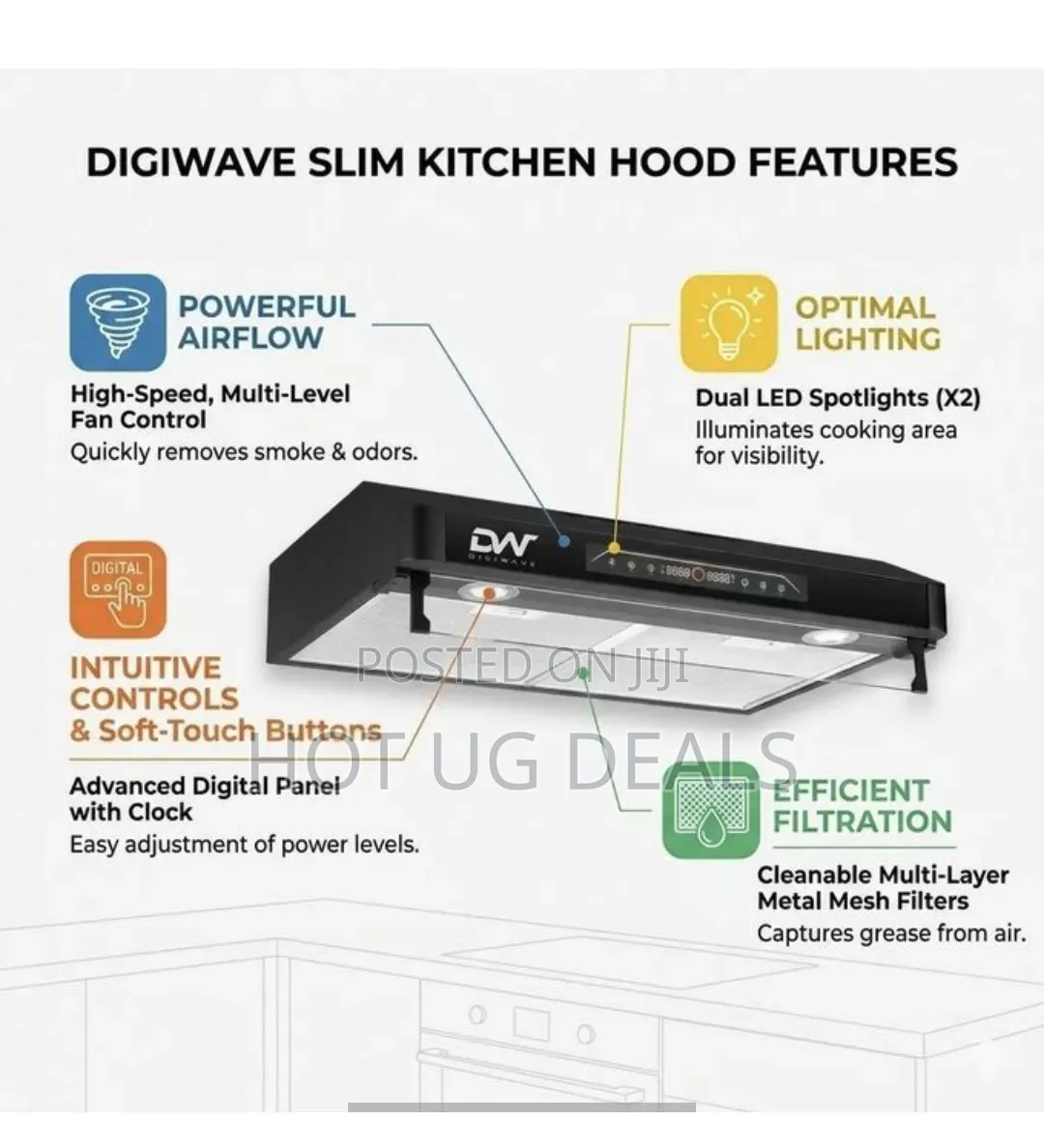 Digiwave DIGITAL LED Screen 60cm Range Hood Kitchen Extractor- Black