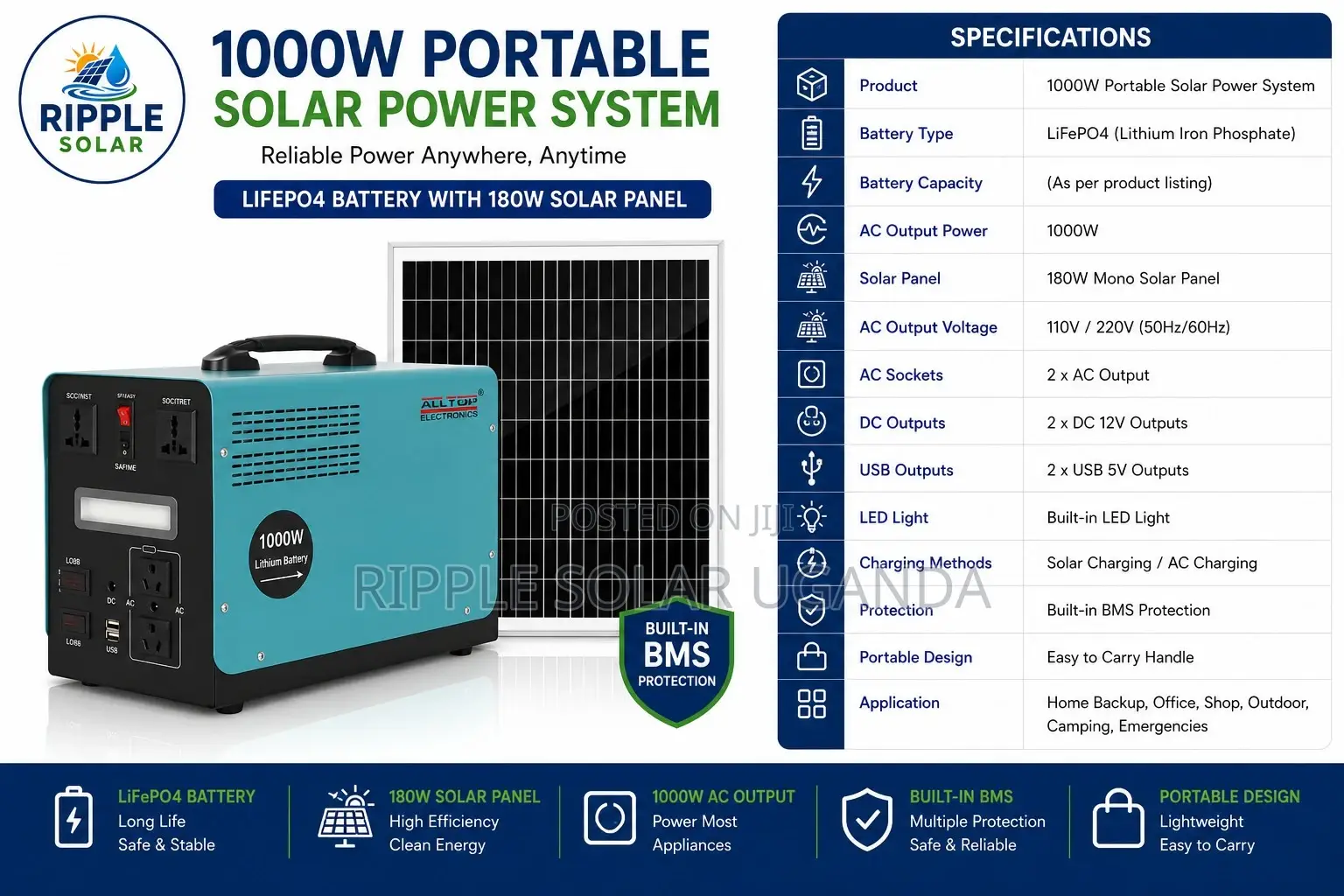 1000w Portable Solar Power System Lifepo4 Battery With 180w Panel