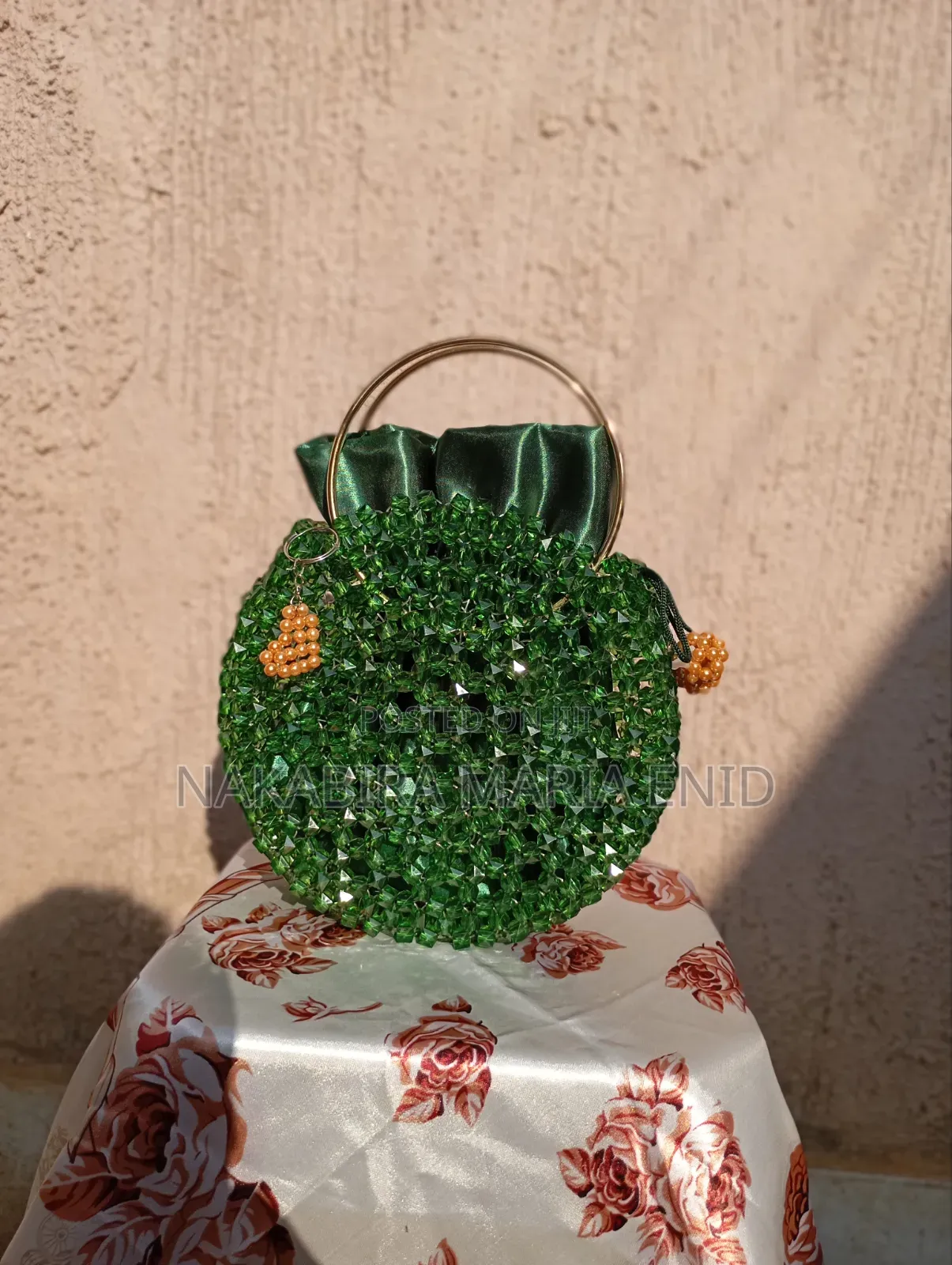 Elegant Handmade Crystal Beaded Bag With Gold Handle