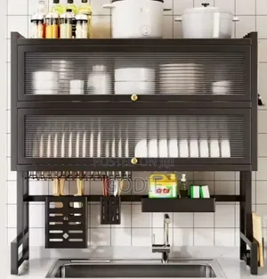 2-Tier Over-the-Sink Dish Rack Features Protective Flip-Top Cabinet .