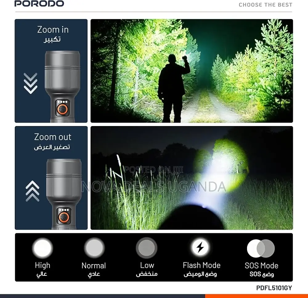 Porodo Lumalite 1200 Rechargeble Flashlight 30W, IPX5, 500M Coverage