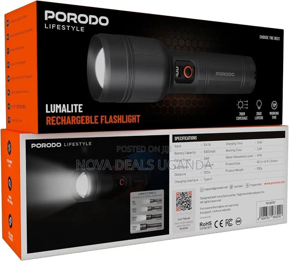Porodo Luminate Rechargeble Flashlight Torch 30W
