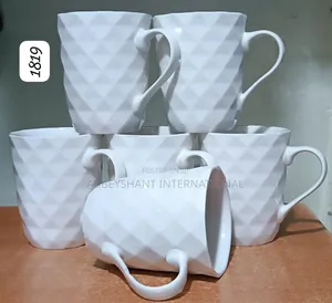 White Ceramic Mugs Embossed Geometric Cups 12pcs