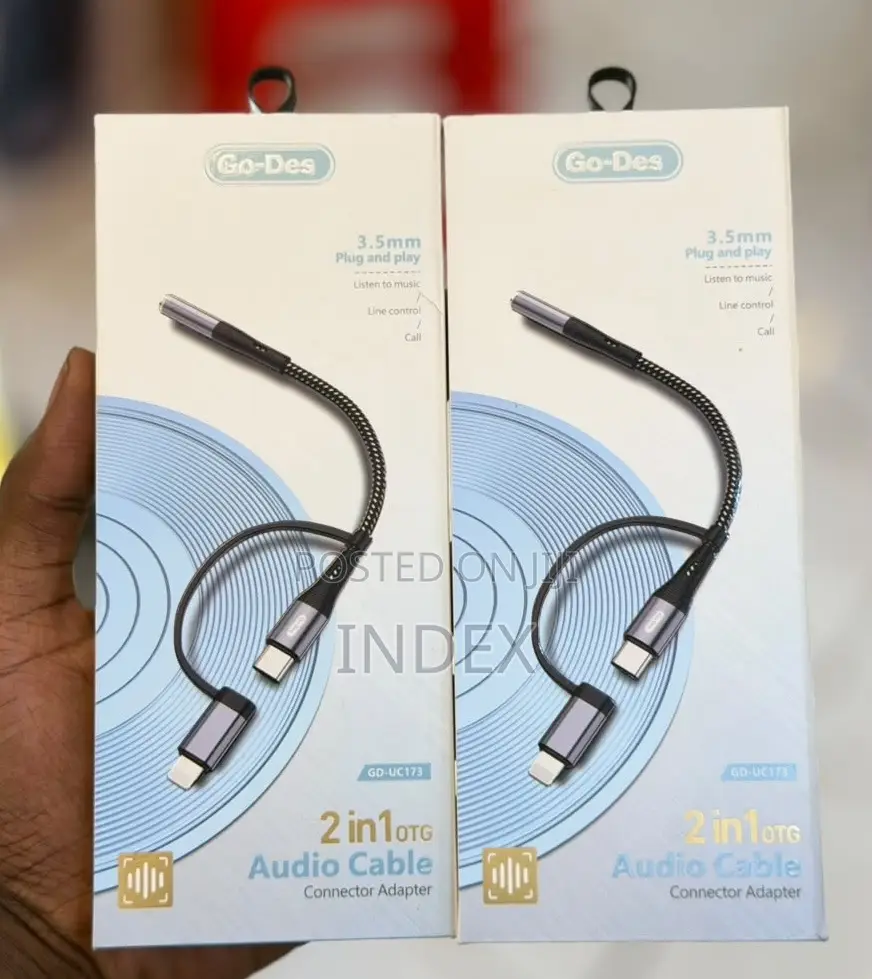 Go Des 2in1 Otg Audio Cable, 3.5mm to Lightning + Type C High Speed