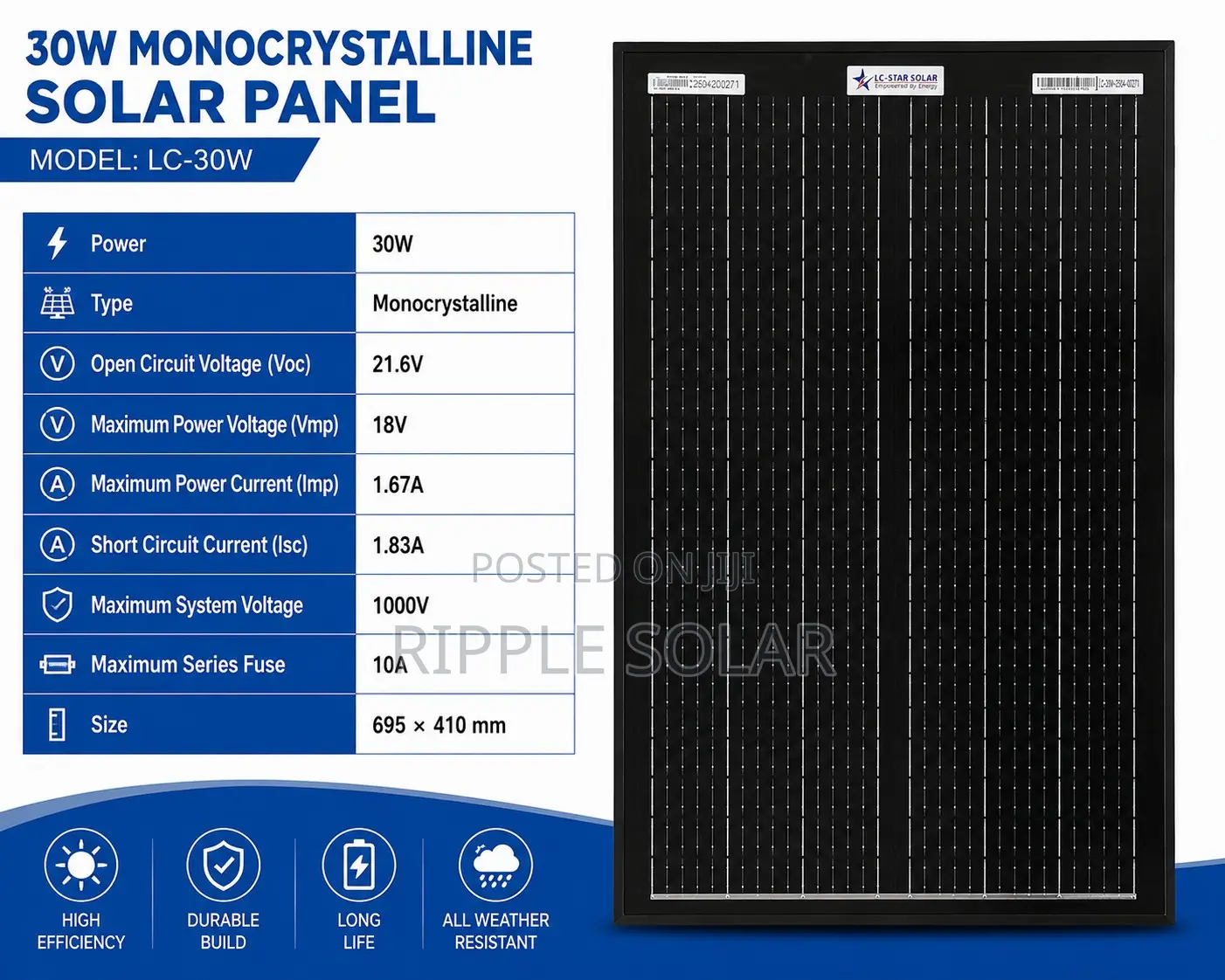 30W Monocrystalline Solar Panel 12V High Efficiency Battery Charger