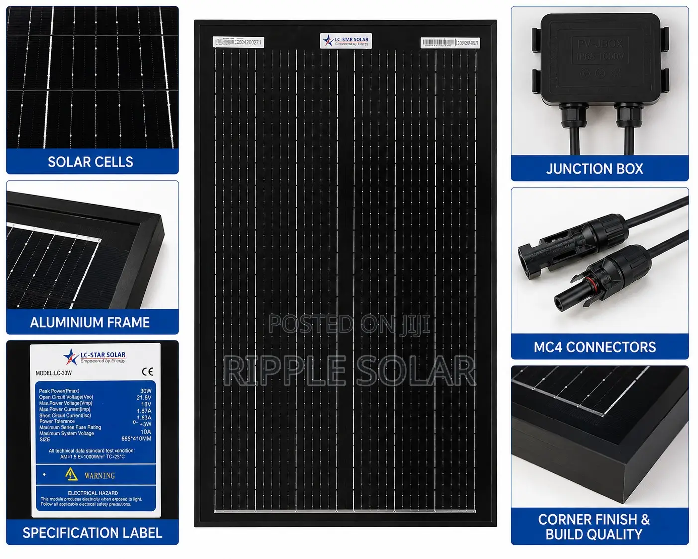 30W Monocrystalline Solar Panel 12V High Efficiency Battery Charger