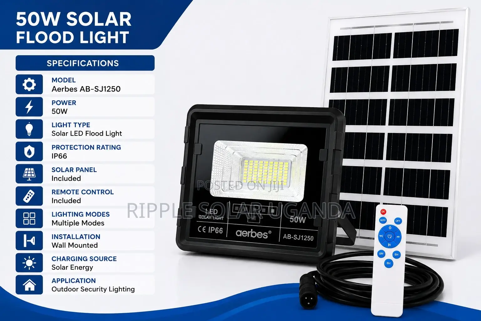 50W Solar Flood Light IP66 Waterproof Outdoor Security Lamp