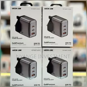 Green Lion GaN Premium Charger With 65W Power Delivery and a UK Plug.
