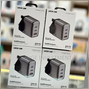 Green Lion GaN Premium Charger With 65W Power Delivery and a UK Plug.
