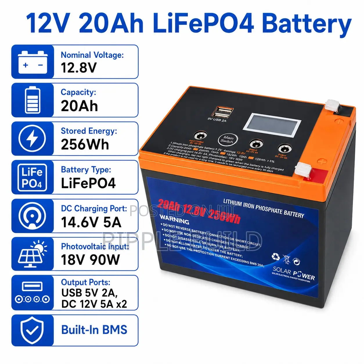 12V 20Ah LiFePO4 Lithium Battery 256Wh Solar Backup