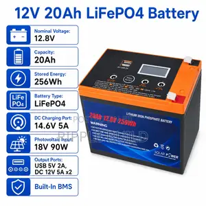 12V 20Ah LiFePO4 Lithium Battery 256Wh Solar Backup