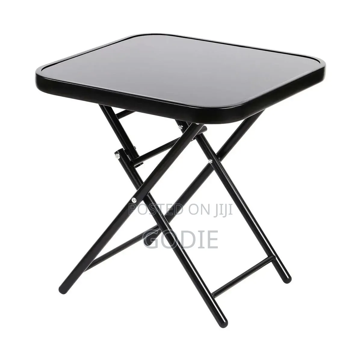 Folding Side Table Features a Steel Frame and a Tempered Glass Top.