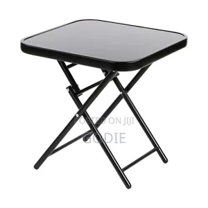 Folding Side Table Features a Steel Frame and a Tempered Glass Top.