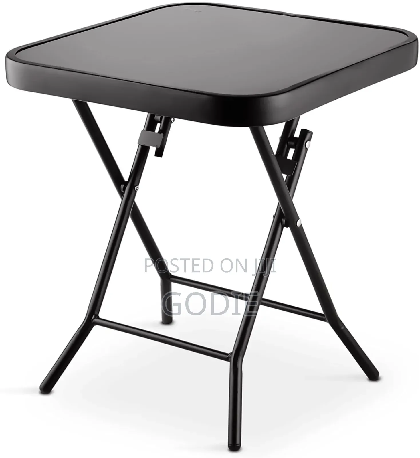 Folding Side Table Features a Steel Frame and a Tempered Glass Top.