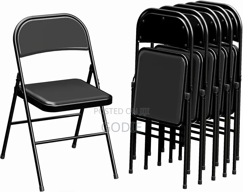 Black Metal Folding Chair Features a Padded Vinyl Seat and Backrest