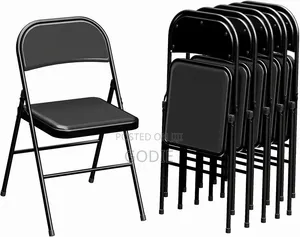 Black Metal Folding Chair Features a Padded Vinyl Seat and Backrest