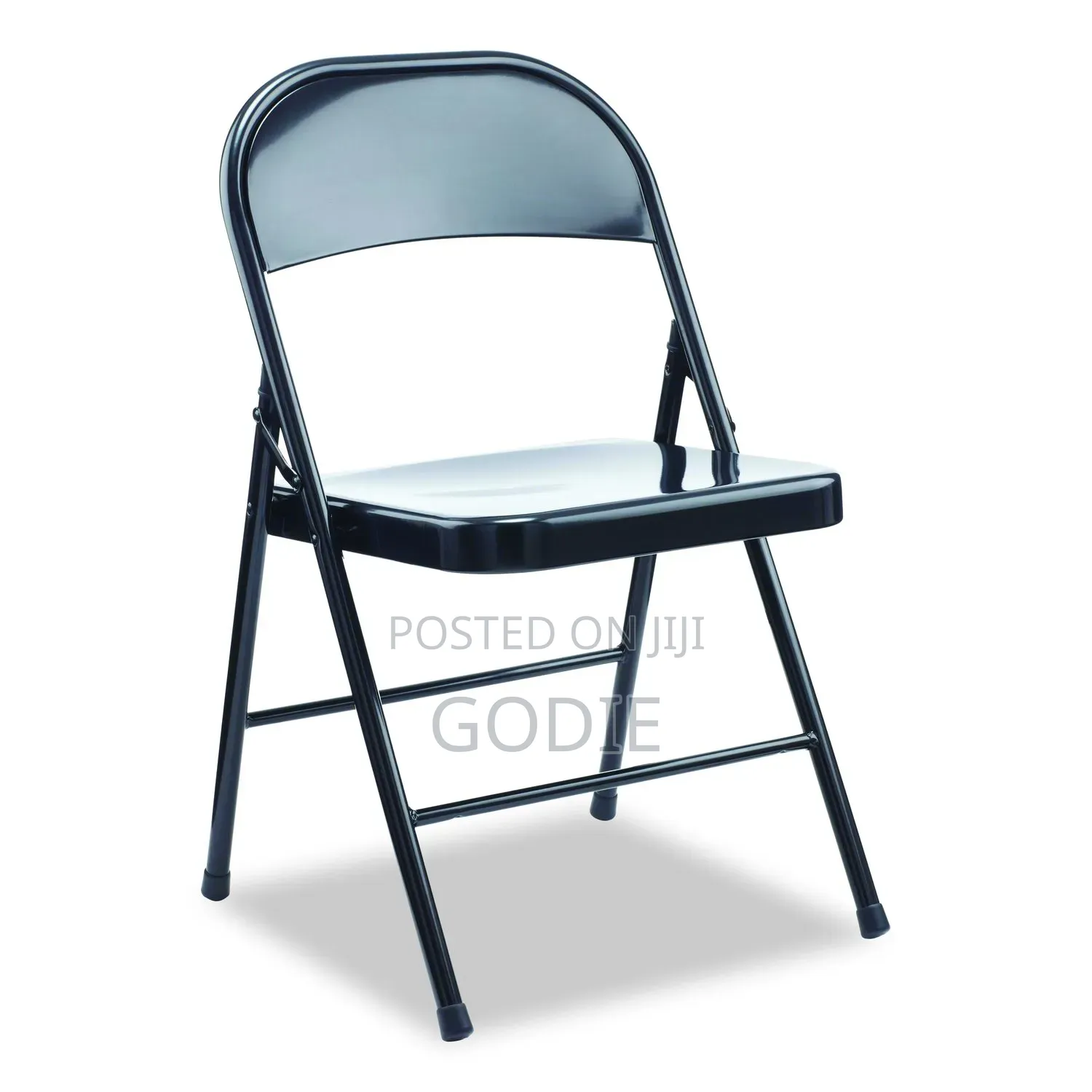 Black Metal Folding Chair Features a Padded Vinyl Seat and Backrest