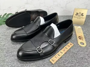 Franco Banett Woven Leather Double Monk Strap Dress Shoes-Black