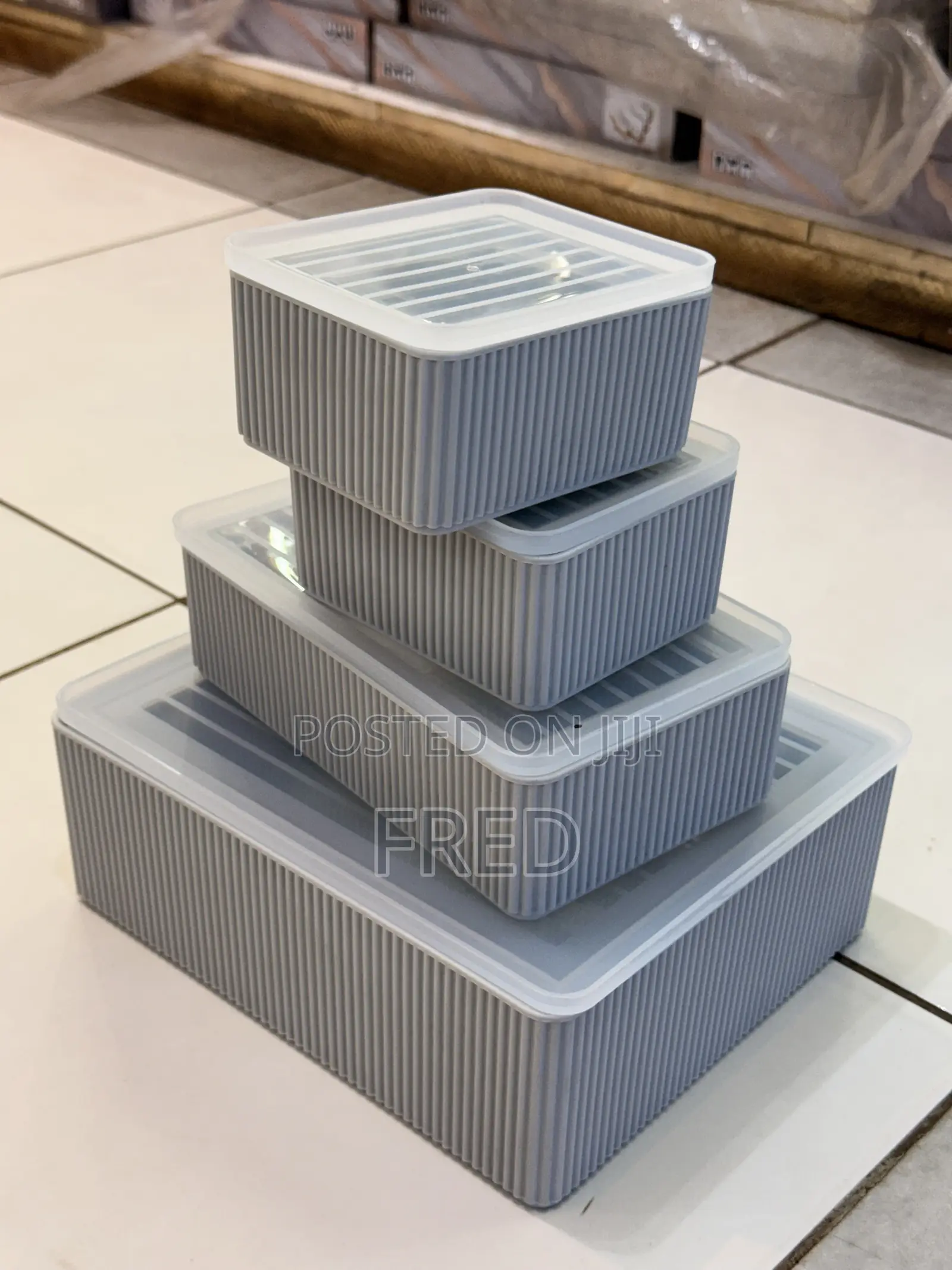 4-Piece Stackable Ribbed Plastic Kitchen Storage Container Set.