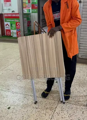 X-Shaped Foldable Table Wood-Grain Top and a Metallic Stand