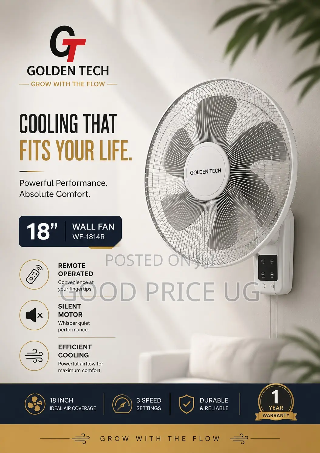 18-Inch Wall Fan Golden Tech, Remote Control