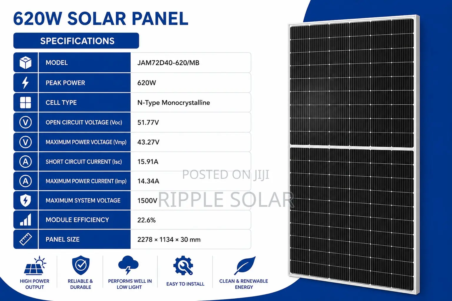 620W Monocrystalline Panel High Efficiency N-Type