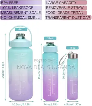 3-in-1 Motivational Water Bottle Set, 2l/900ml/300ml, With Straw