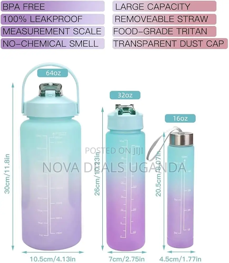 3-in-1 Motivational Water Bottle Set, 2l/900ml/300ml, With Straw