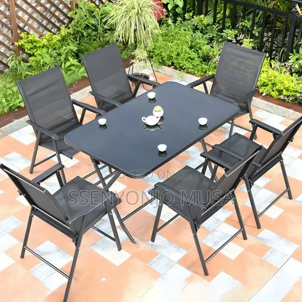 Modern Rectangular Outdoor Dining Set – Glass Table With 6 Chairs.