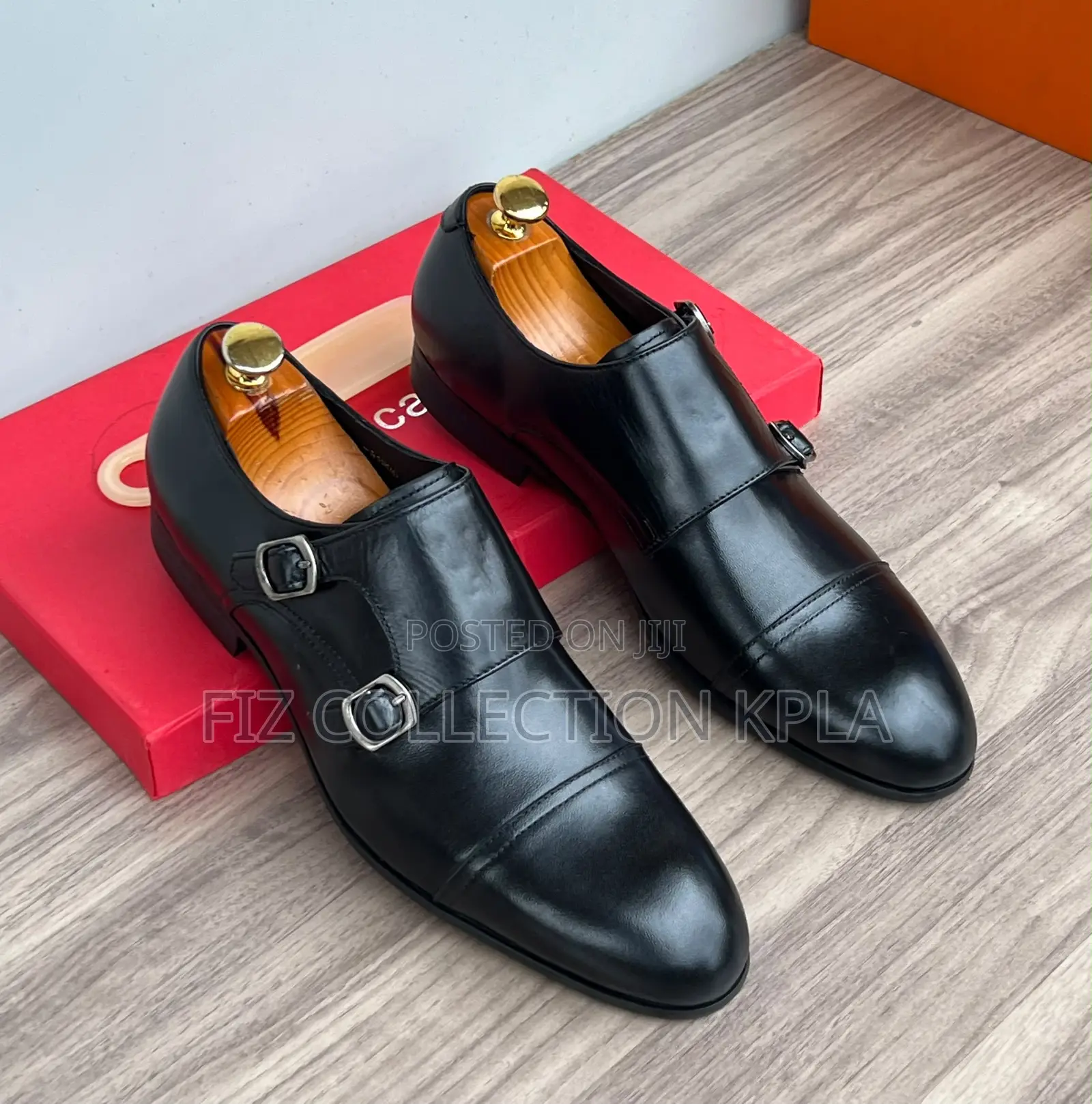 Black Double Monk Strap Leather Shoes