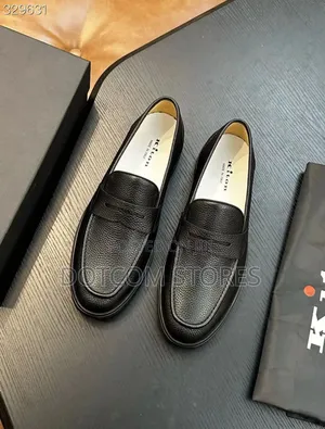 Kiton Black Grained Leather Penny Loafers,