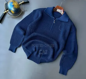 Cream/Navy Blue Collar Fold Quarter Zip Sweater