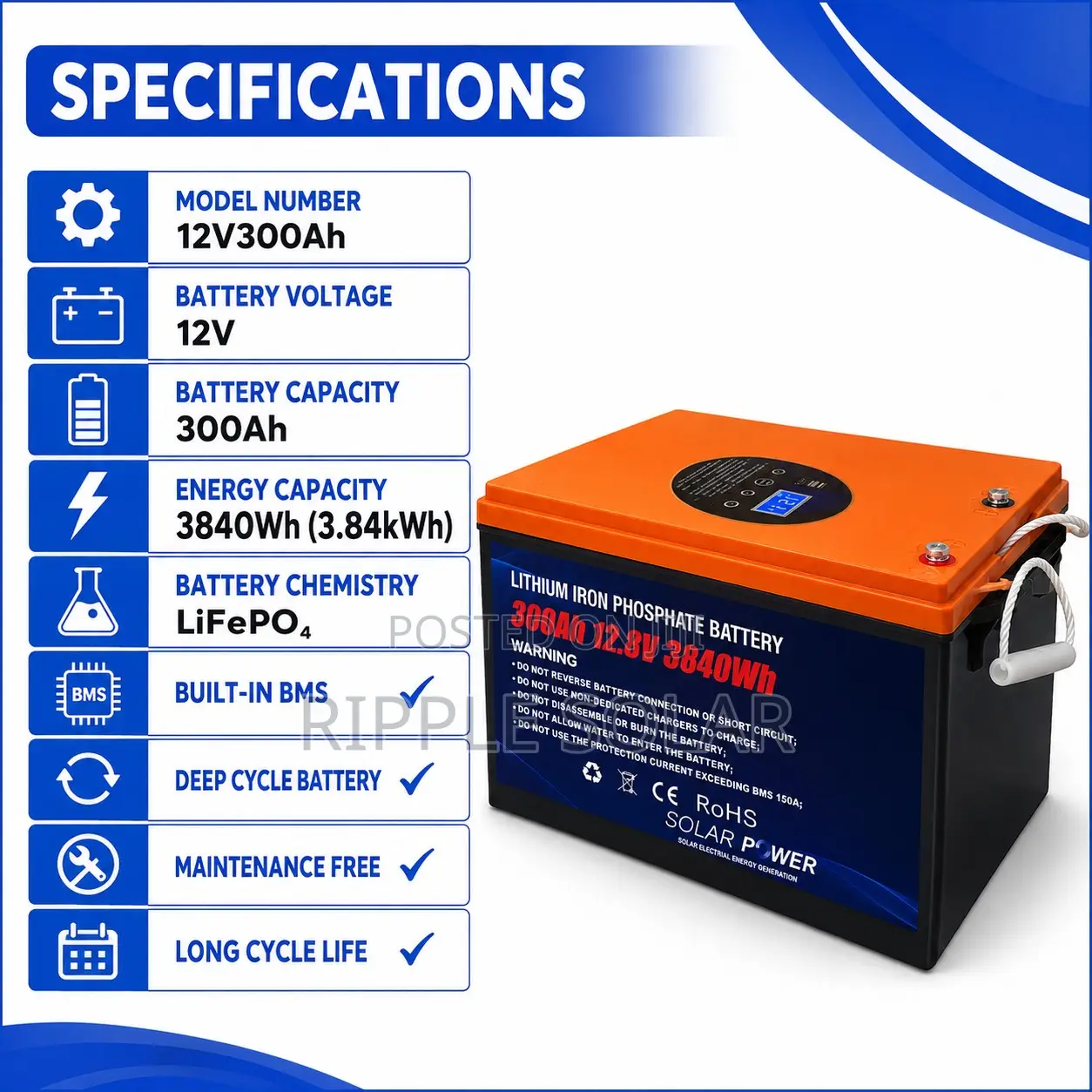 300Ah Deep Cycle Lithium Battery for Solar Systems 12V