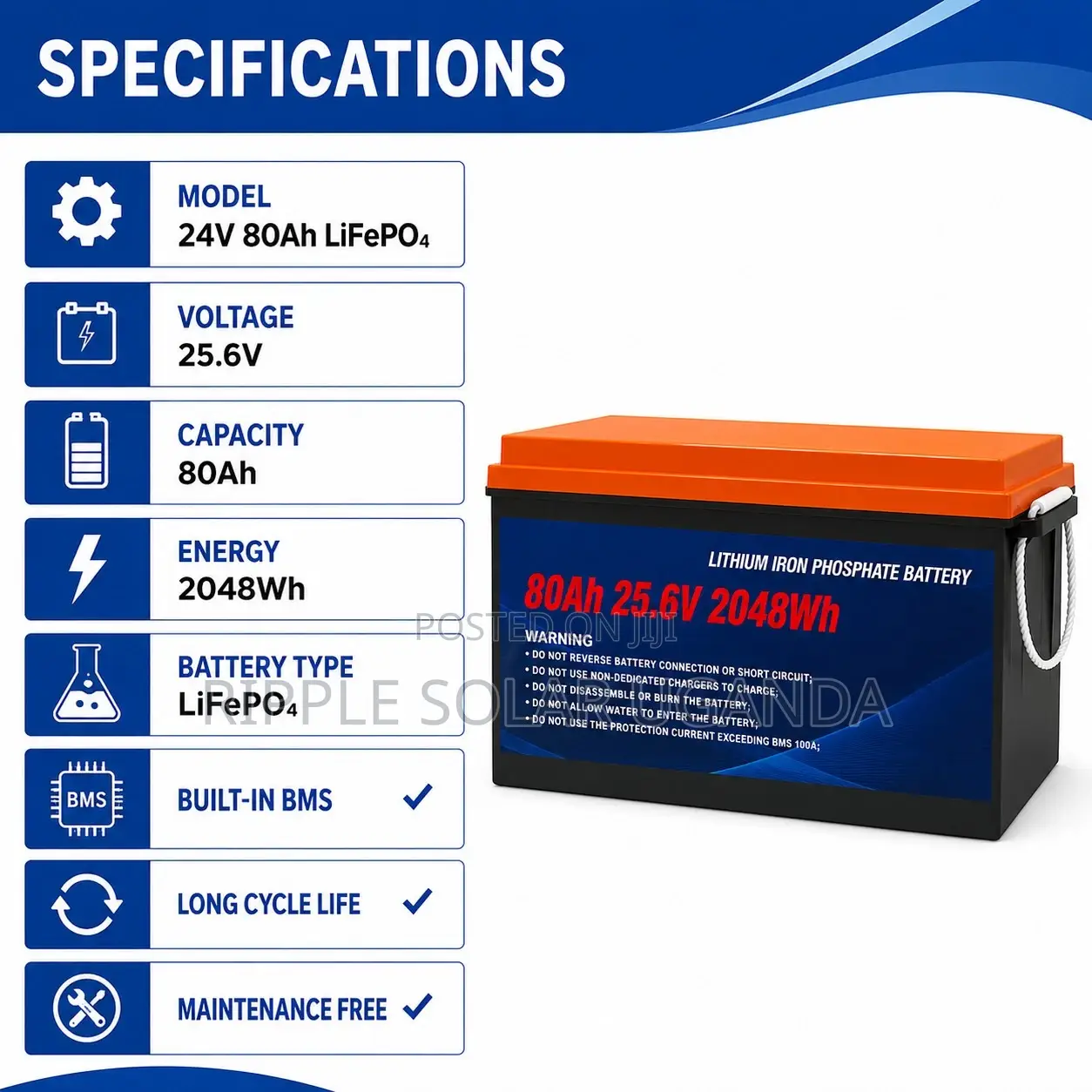 80Ah LiFePO4 Lithium Battery 2048Wh Solar Backup Battery 24V