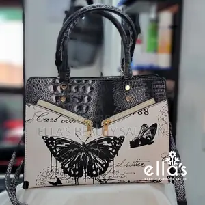 Women's Butterfly Print Handbag With Shoulder Strap – Black White