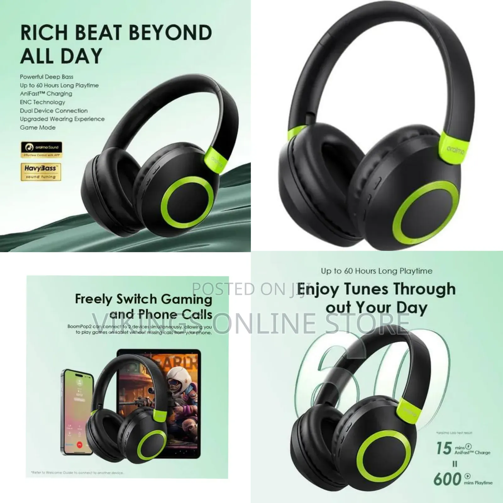 Oraimo BoomPop 2S ENC Bluetooth Over-Ear Wireless Headphones - Black