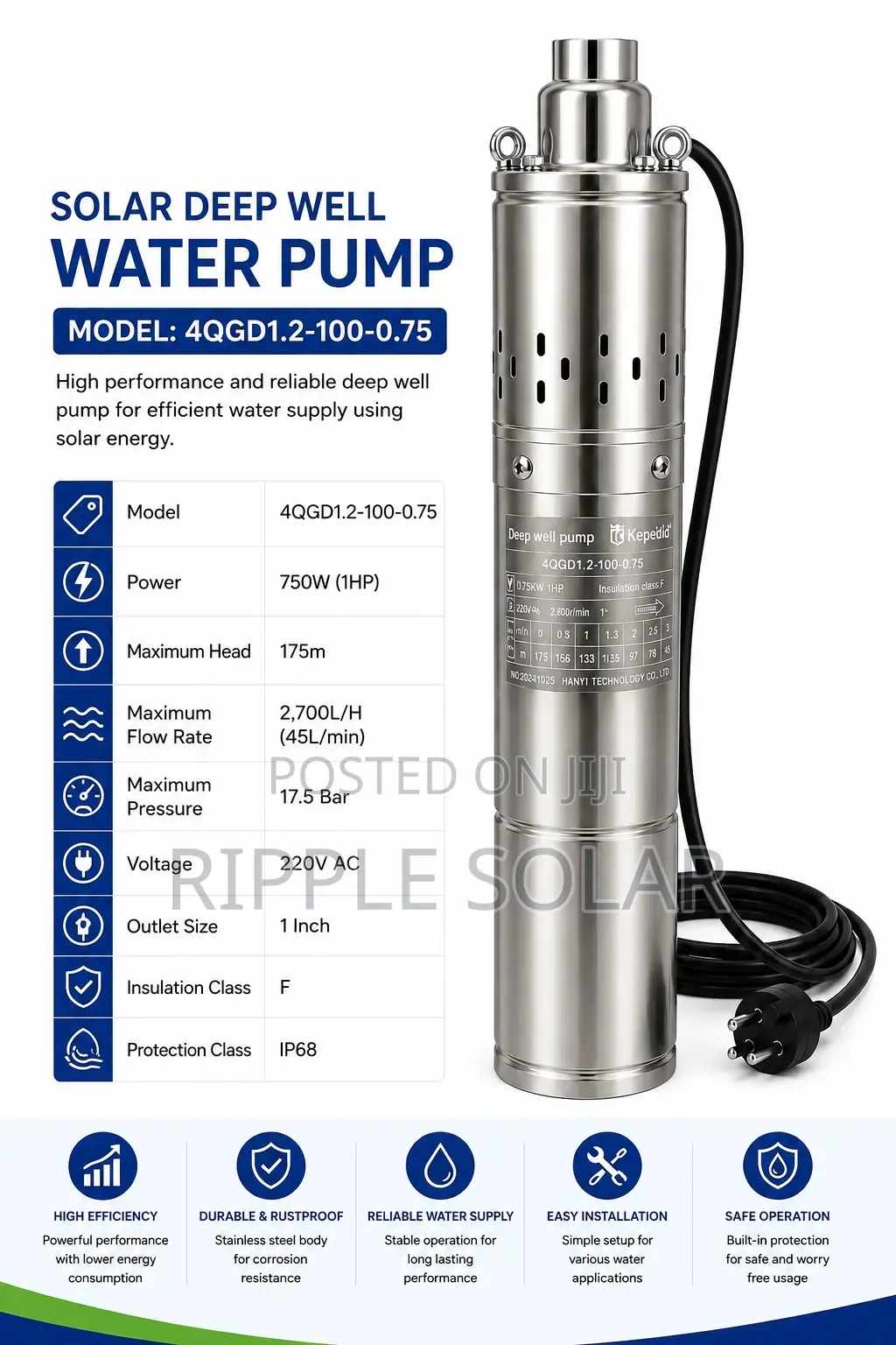 750w AC Borehole Water Pump 175m Deep Well Submersible Pump