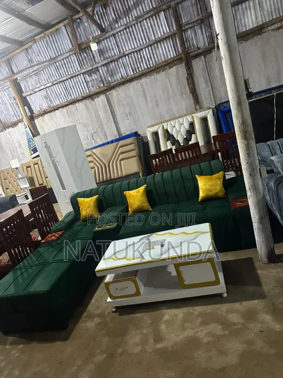 Green Sofa With Cushions in L Shape