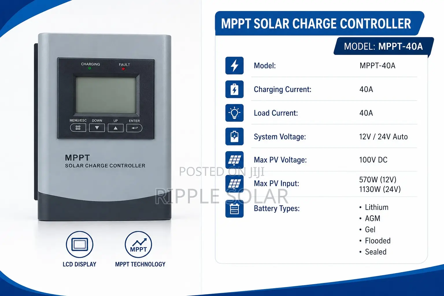 40A Smart MPPT Solar Charge Controller 12V 24V
