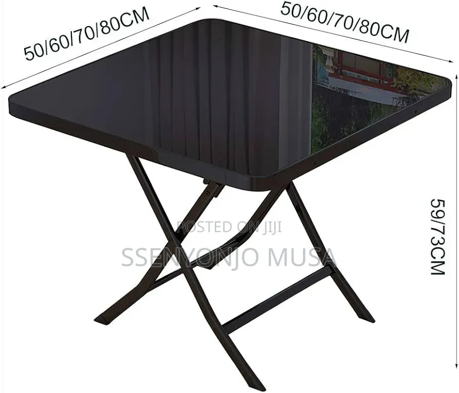 Folding Square Glass Dining Table – 60 × 59 Cm, Black