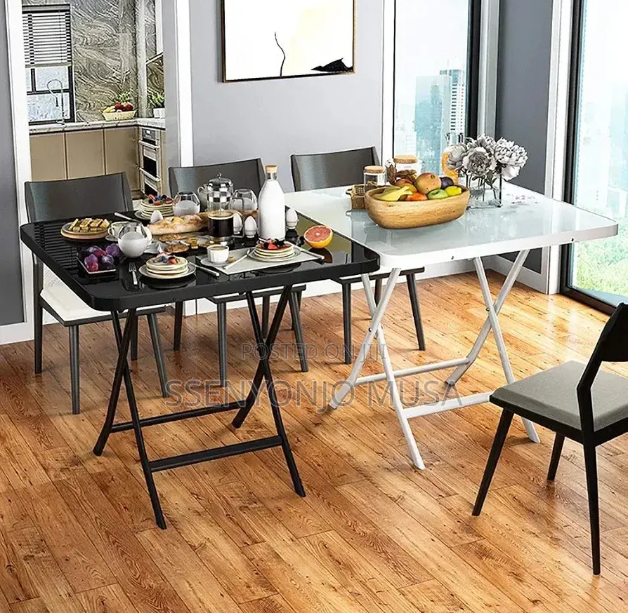 Folding Square Glass Dining Table – 60 × 59 Cm, Black