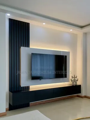 TV Wall Unit Black Wood + LED | Floating TV Stand Free Install