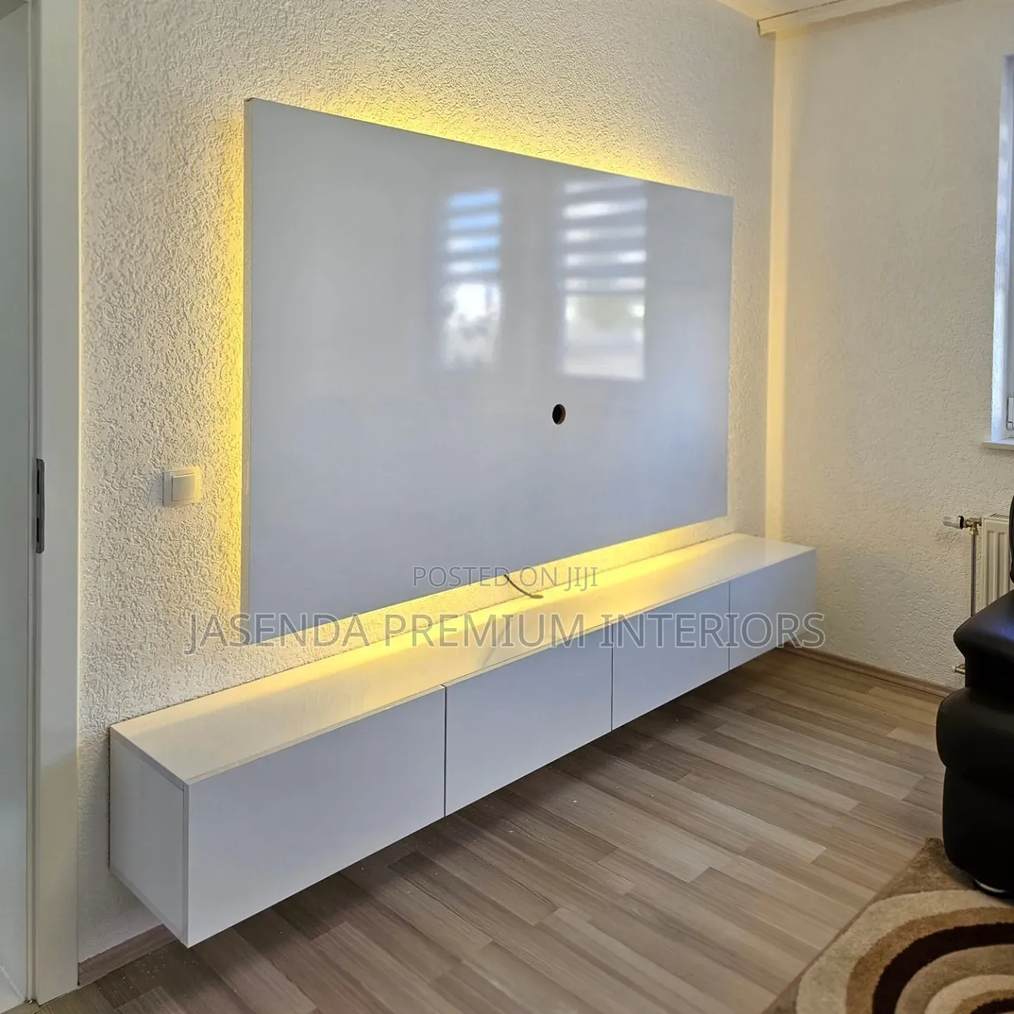 Floating TV Wall Unit White Design | LED Lights Premium